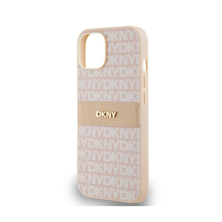 DKNY Bőr mono csíkos és fém logóval - iPhone 14 / 15 / 13 tok (rózsaszín)