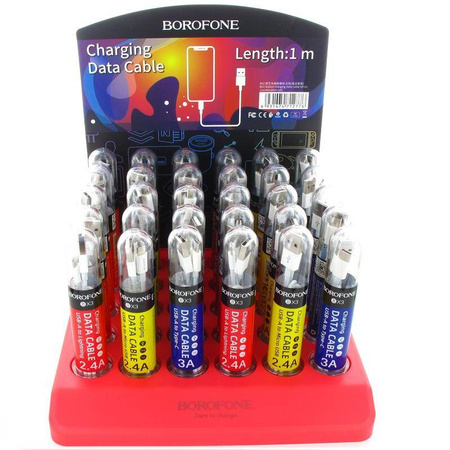 Borofone - a set of cables packed in tubes, on a countertop stand