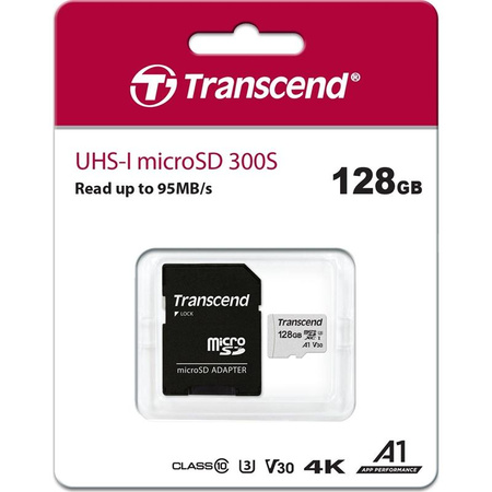Transcend Memory microSDXC - 128 GB A1 V30 UHS-I U3 95/40 MB/s memory card with adapter