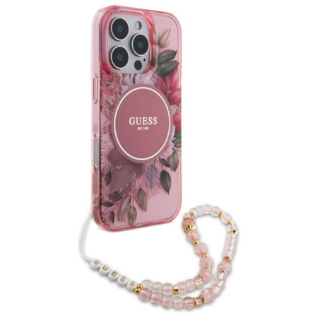 Guess IML Flowers With Pearl Strap MagSafe - Hülle iPhone 16 Pro Max (Rosa)