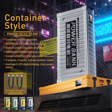 WEKOME WP-341 Container Series - Power banka 20000 mAh Super nabíjení s integrovaným kabelem USB-C a Lightning PD 20W + QC 22,5W (stříbrná)