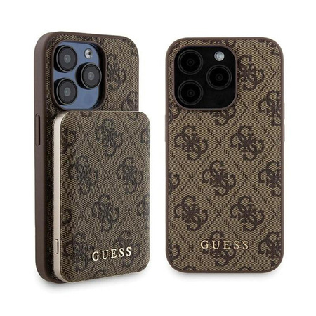Guess Bundle Pack MagSafe 4G Metal Gold Logo - Case Set + Power Bank 5000mAh MagSafe iPhone 15 Pro (brown)