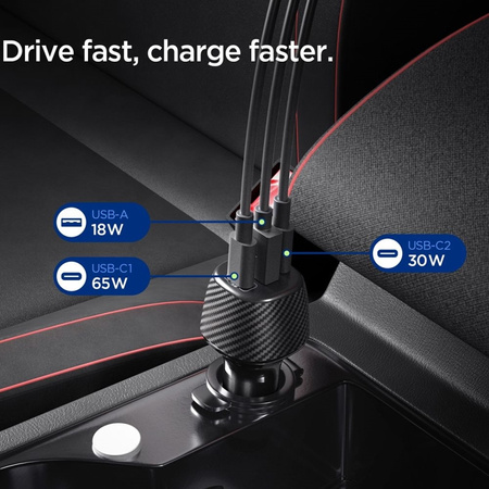 Spigen Essential EV1133 – Autoladegerät 2x USB-C PD und USB-A QC3.0 113W + 100W, USB-C-Kabel, 1m (Schwarz)