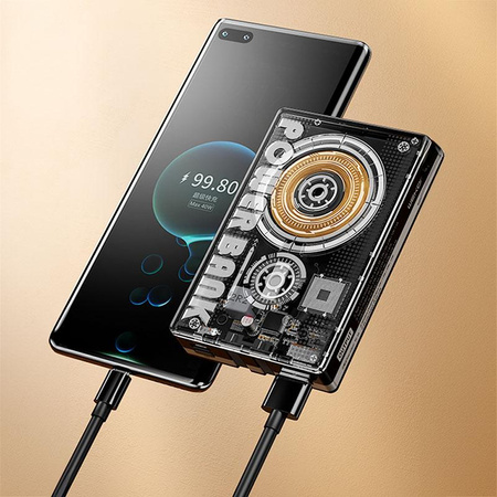 WEKOME WP-331 Vanguard sorozat - Induktív 10000 mAh Super Charging power bank integrált USB-C és Lightning PD 20W + QC 22.5W MagSafe kábel (Fekete / Átlátszó)