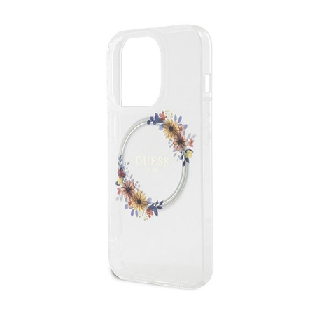 Guess IML Flowers Wreath MagSafe - pouzdro pro iPhone 15 Pro Max (průhledné)