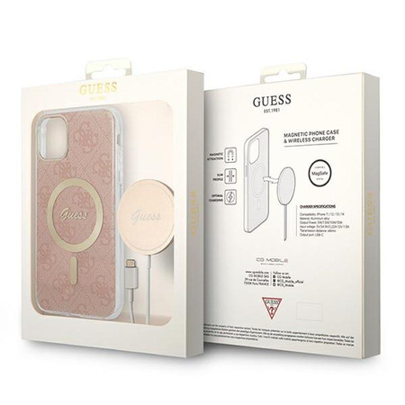 Guess Bundle Pack MagSafe 4G - Zestaw etui + ładowarka MagSafe iPhone 11 (różowy/złoty)