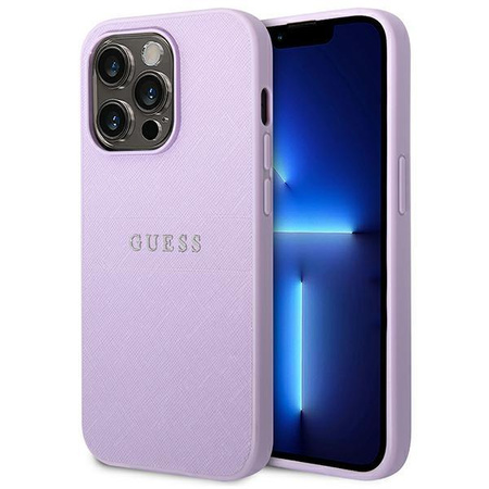 Pouzdro Guess Saffiano Metal Logo Stripes - iPhone 14 Pro Max (lila)