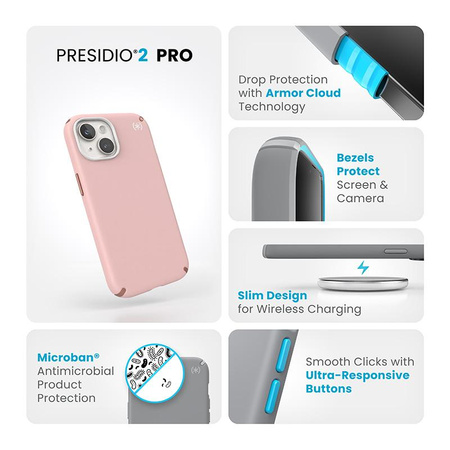 Speck Presidio2 Pro - Pouzdro iPhone 16e / iPhone 15 / iPhone 14 / iPhone 13 (Dahlia Pink / Rose Copper / White)