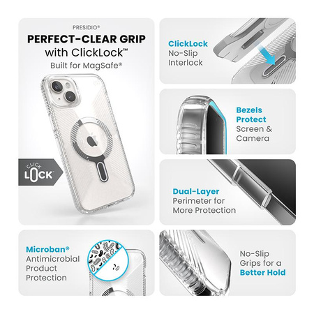 Speck Presidio Perfect-Clear Grip ClickLock & MagSafe - tok iPhone 15 Plus / iPhone 14 Plus (átlátszó / krómozott kivitel / derűs ezüst)