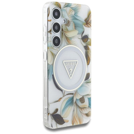 Guess Glitter Flowers Triangle Buttons MagSafe - étui pour Samsung Galaxy S25 (blanc)