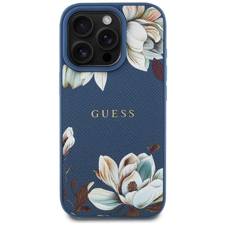 Guess Grained Flower Pattern MagSafe - étui pour iPhone 16 Pro (bleu)