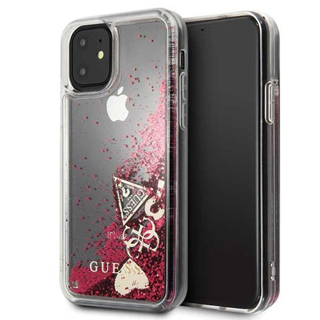 Guess Liquid Glitter Hearts - iPhone 11 tok (málna)