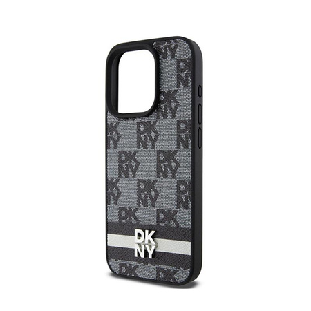 DKNY Leather Checkered Mono Pattern & Printed Stripes - iPhone 15 Pro Case (black)