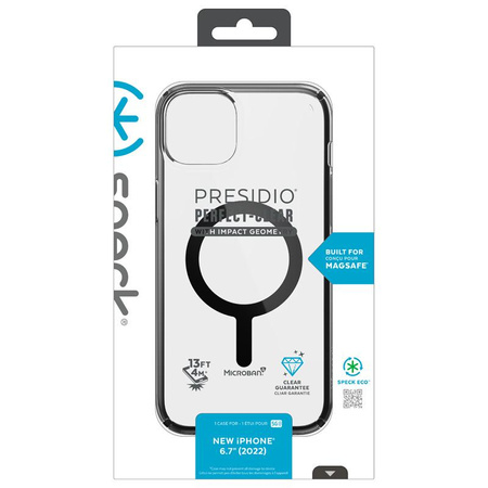 Speck Presidio Perfect-Clear avec Impact Geometry + MagSafe - Coque pour iPhone 15 Plus / 14 Plus avec revêtement MICROBAN (transparent / noir)