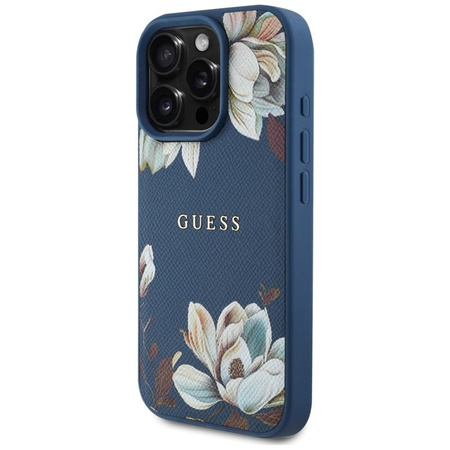 Guess Grained Flower Pattern MagSafe - étui pour iPhone 16 Pro (bleu)