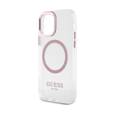 Pouzdro Guess Metal Outline MagSafe - iPhone 12 / iPhone 12 Pro (průhledné / růžové)