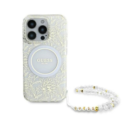 Guess IML Flowers Allover Electro With Pearl Strap MagSafe - Hülle iPhone 16 Pro Max (Weiß)