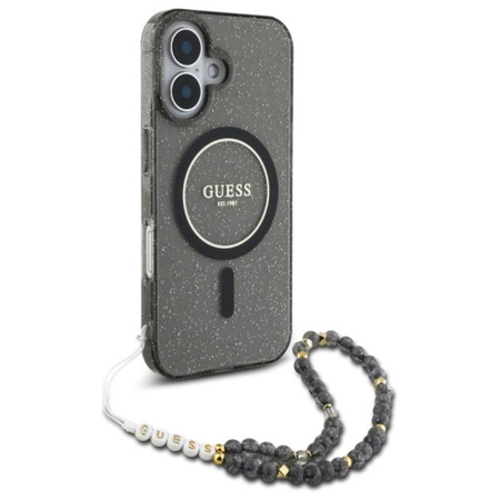 Guess IML Glitter With Pearl Strap MagSafe - iPhone 16 Tasche (schwarz)