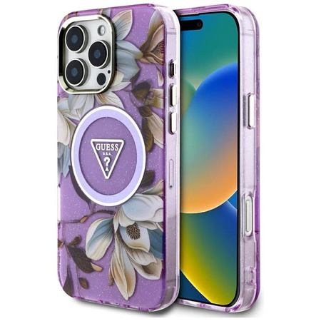 Guess Glitter Flowers Triangle Buttons MagSafe - Hülle für iPhone 16 Pro Max (lila)
