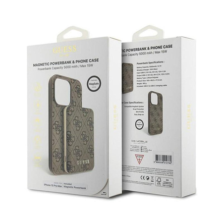 Guess Bundle Pack MagSafe 4G Metall Gold Logo - Etui Set + Power Bank 5000mAh MagSafe iPhone 15 Pro Max (braun)