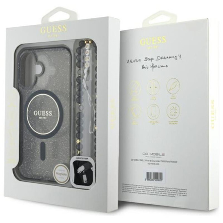 Guess IML Glitter With Pearl Strap MagSafe - iPhone 16 Tasche (schwarz)