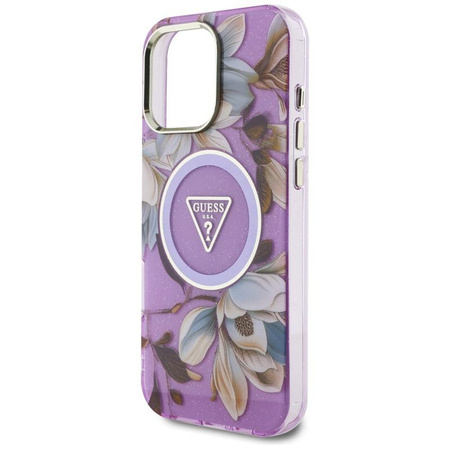 Guess Glitter Flowers Triangle Buttons MagSafe - Coque pour iPhone 16 Pro Max (violet)