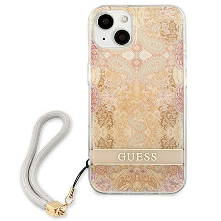 Guess Flower Cord - Etui avec dragonne iPhone 13 (Or)