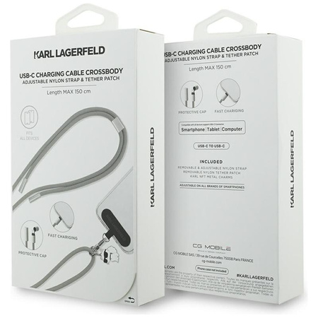SZARY KABEL USB C 1.5M SZYBKIE ŁADOWANIE KARL LAGERFELD PASEK DO TELEFONU