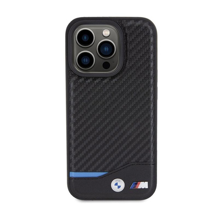 BMW Leather Carbon Blue Line MagSafe - Hülle für iPhone 15 Pro (Schwarz)