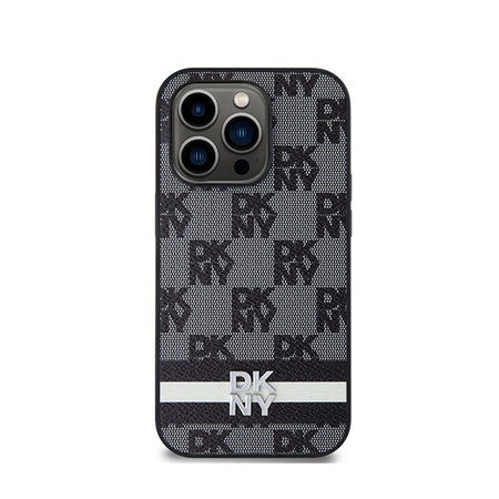 DKNY Leather Checkered Mono Pattern & Printed Stripes - iPhone 14 Pro Case (black)