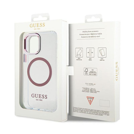 Pouzdro Guess Metal Outline MagSafe - iPhone 12 / iPhone 12 Pro (průhledné / růžové)