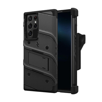 ZIZO BOLT Series - Pancerne etui Samsung Galaxy S22 Ultra ze szkłem 9H na ekran + uchwyt z podstawką (czarny)