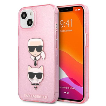 Karl Lagerfeld Glitter Karl & Choupette Head - pouzdro na iPhone 13 mini (růžové)