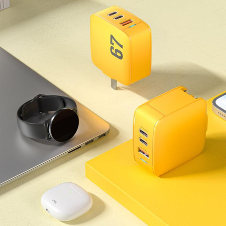 WEKOME WP-U141 Tint Series - Ladegerät 2x USB-C & USB-A Superschnellladegerät GaN 67W (Gelb)