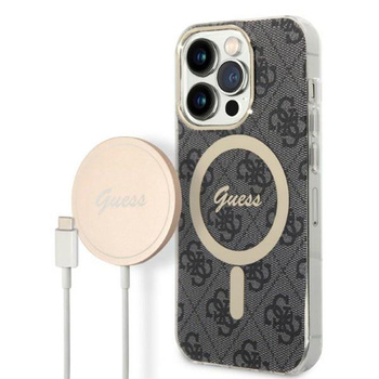 Guess Bundle Pack MagSafe 4G - Set aus hülle für iPhone 14 Pro Max + MagSafe Ladegerät (Schwarz/Gold)
