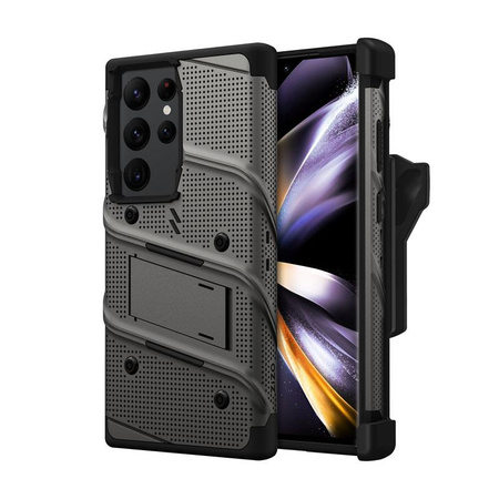 ZIZO BOLT Series - Pancerne etui Samsung Galaxy S23 Ultra ze szkłem 9H na ekran + uchwyt z podstawką (szary)