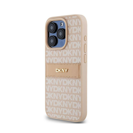 Kožené pouzdro DKNY Mono Stripe & Metal Logo - iPhone 15 Pro (růžové)