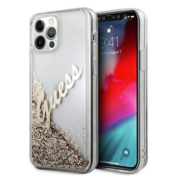 Guess Glitter Vintage Script - pouzdro pro iPhone 12 / iPhone 12 Pro (zlaté)