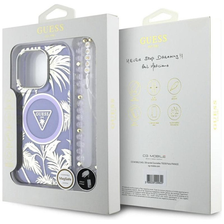 Guess Palm Trees Triangle Pearl Strap MagSafe - étui pour iPhone 16 Pro Max (violet)