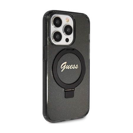 Guess Ring Stand Script Glitter MagSafe - iPhone 15 Pro tok (fekete)