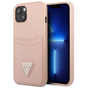 Guess Saffiano Double Card Triangle - kryt pro iPhone 13 mini (růžový)