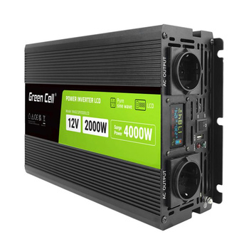 Green Cell - Feszültség átalakító PowerInverter LCD kijelzővel 12V - 230V 2000W/4000W tiszta szinusz hullám 12V - 230V 2000W/4000W