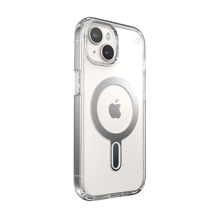Speck Presidio Perfect-Clear ClickLock & MagSafe - Custodia per iPhone 16e / iPhone 15 / iPhone 14 / iPhone 13 (Trasparente / Finitura cromata / Argento Serene)