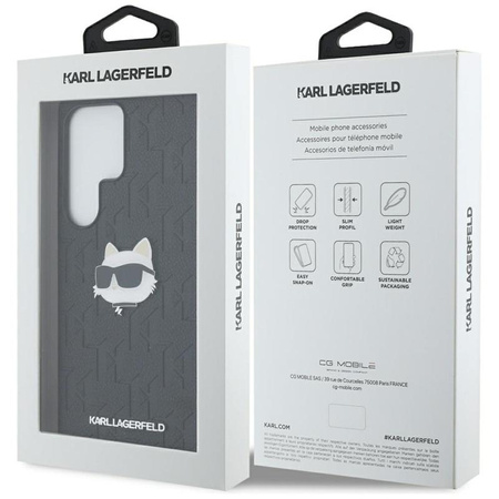 Karl Lagerfeld Leather Monogram Pin Logo Choupette Head - Hülle für Samsung Galaxy S25 Ultra (Schwarz)