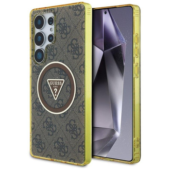 Guess 4G Glitter Triangle Buttons MagSafe - pouzdro pro Samsung Galaxy S25 Ultra (hnědé)