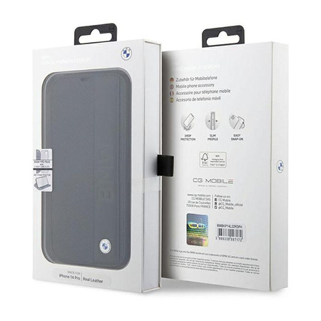 BMW Booktype Leather Textured & Stripe - pouzdro pro iPhone 14 Pro (černé)