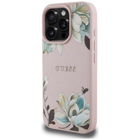 Guess MagSafe - Tasche mit genarbtem Blumenmuster für iPhone 16 Pro (rosa)