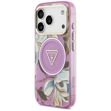 Guess IML Glitter Flowers Triangle MagSafe - Hülle iPhone 17 Pro (lila)
