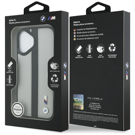 Custodia MagSafe con logo BMW M a strisce perforate per iPhone 17 (grigio)