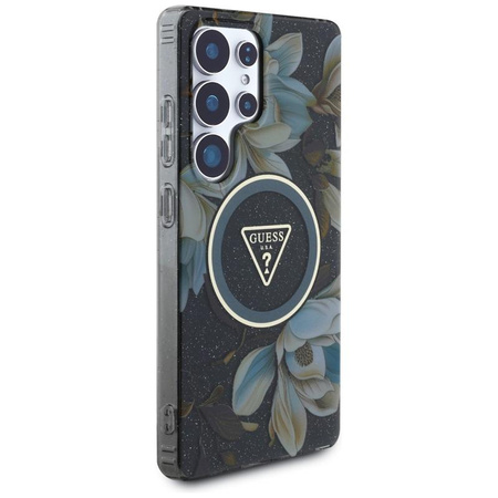 Guess Glitter Flowers Triangle Buttons MagSafe - Hülle für Samsung Galaxy S25 Ultra (schwarz)